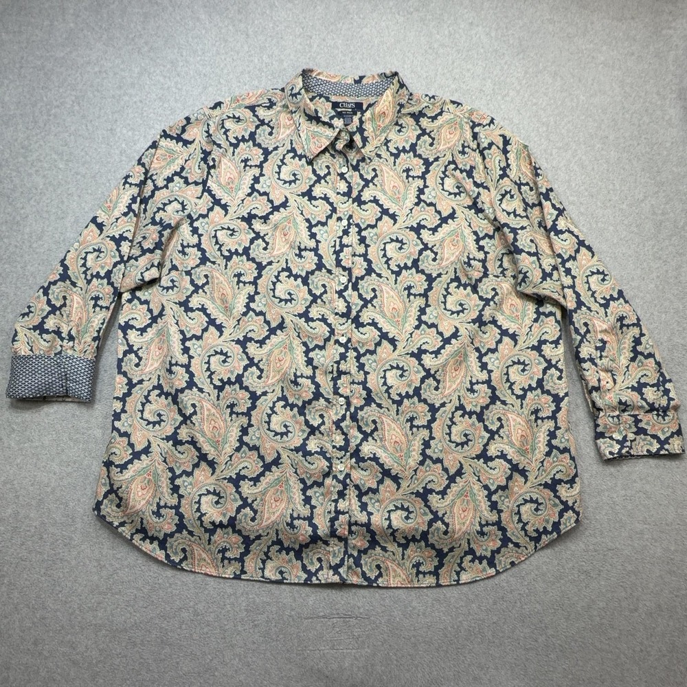 Chaps Shirt Womens 3X Plus Blue Paisley Long Sleeve No Iron Button Front Top